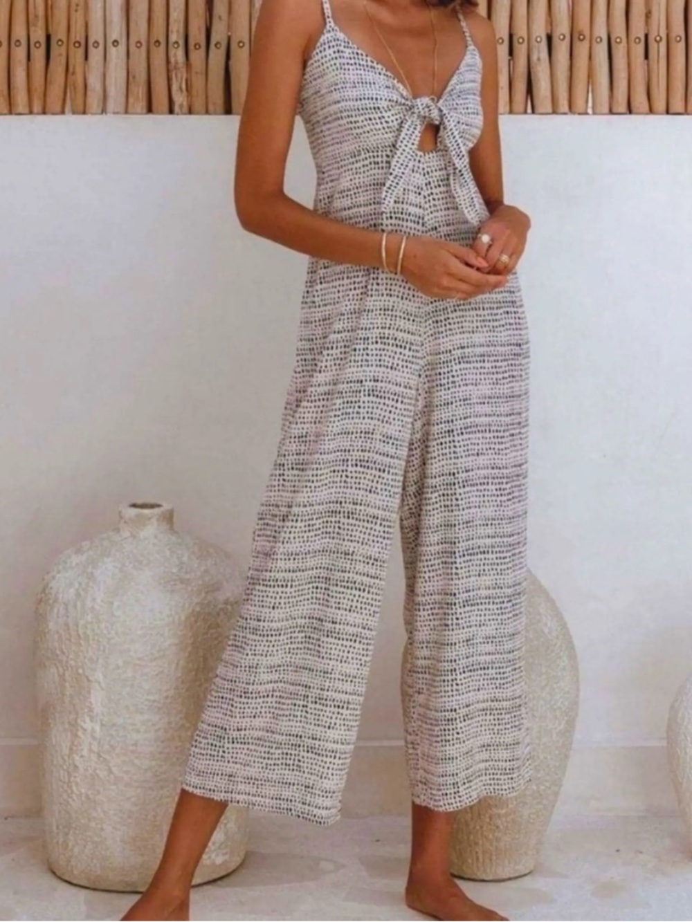 Aura Beige & Black Jumpsuit | Adjustable Tie-Front | Size Small | Like New | Dot